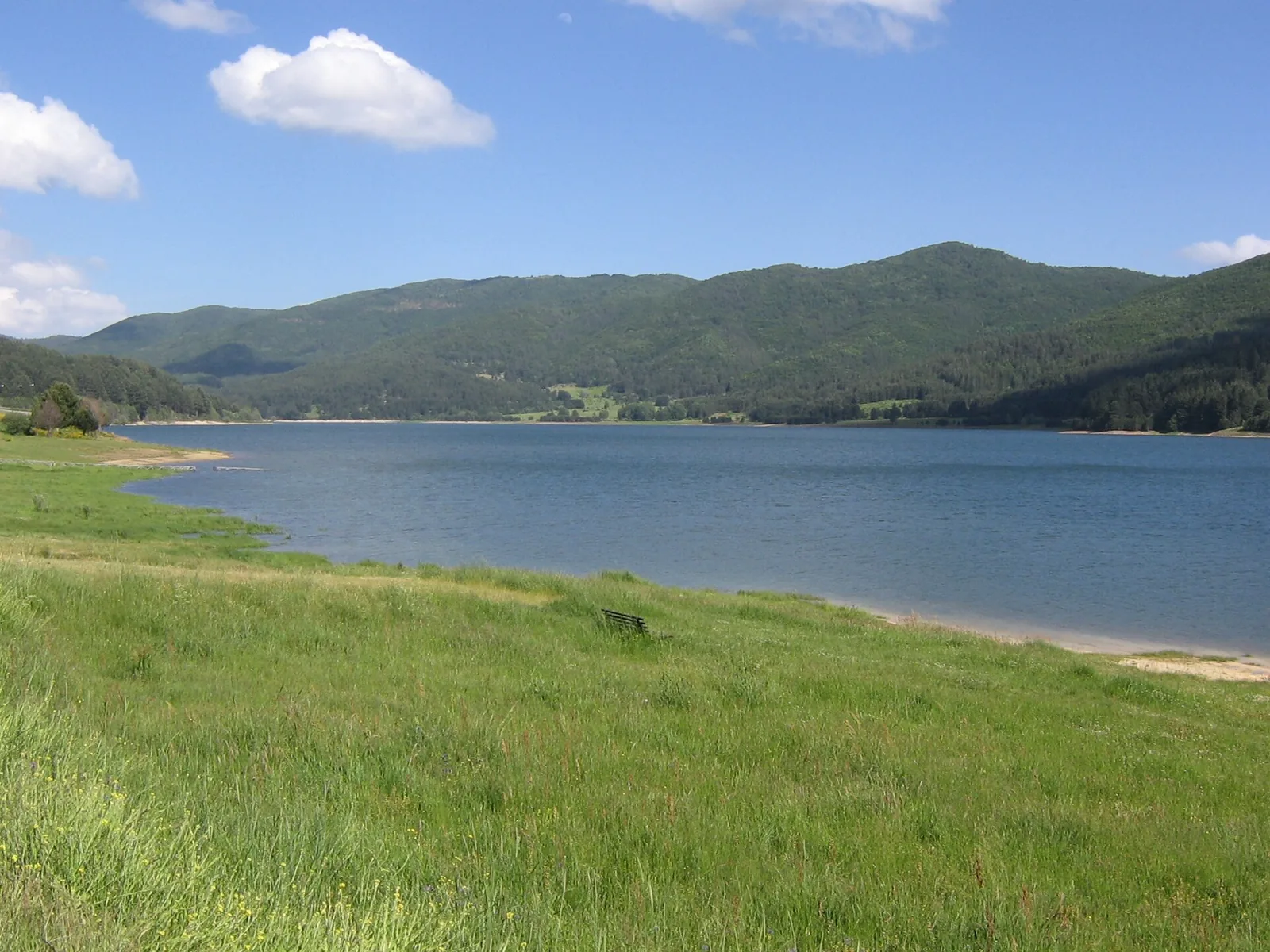 Lago Arvo in Lorica with a green meadow by the water
