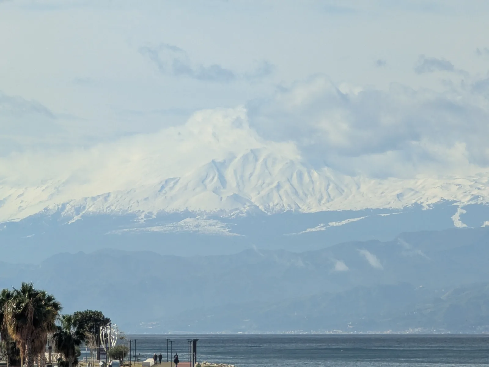 Snow-capped Etna seen from Reggio Calabria across the Strait of Messina