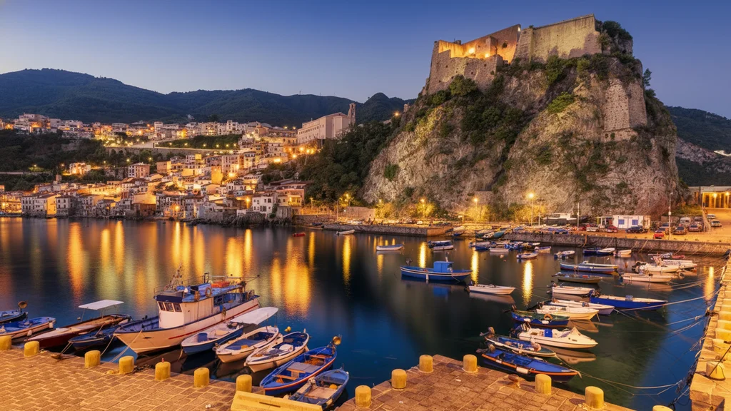 Ruffo Castle in Scilla at dusk - view from the port with fishing boats